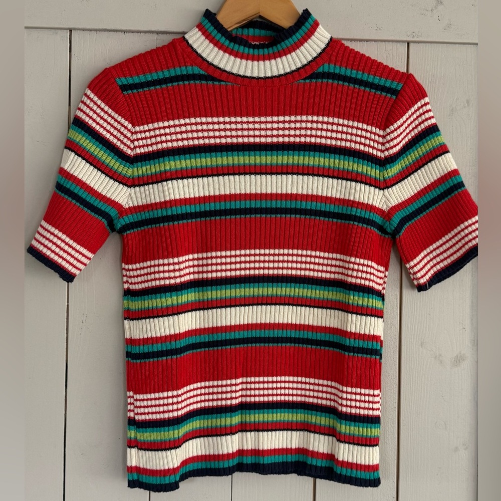 Vintage Ribbed  Stripe Short Sleeve Sweater - Red Multicolor